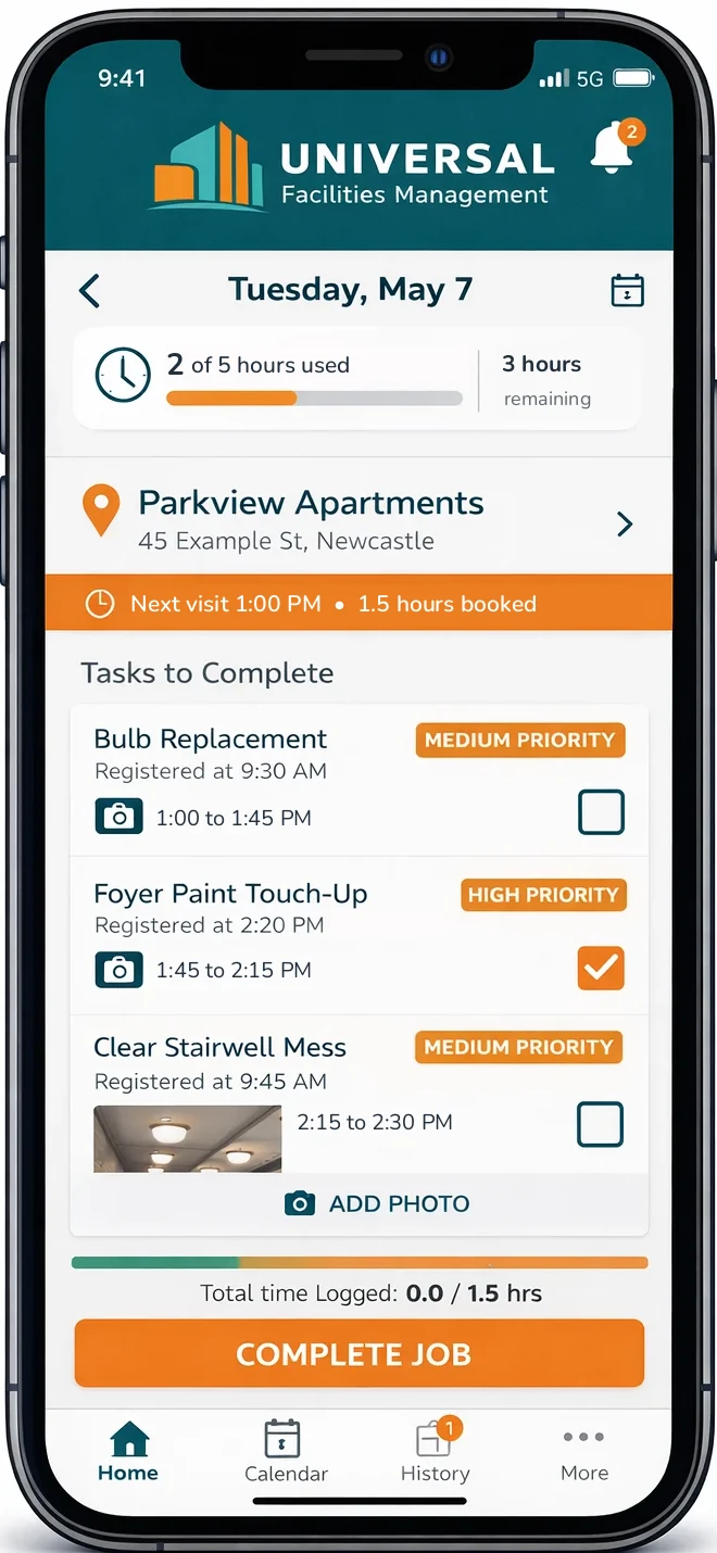 Universal Facilities Management strata app showing a day's task list, hours used and priority for each job